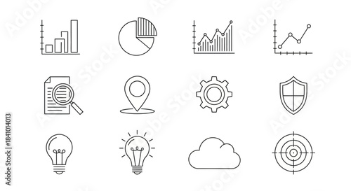 Collection of business, data analysis, technology, and strategy line icons.