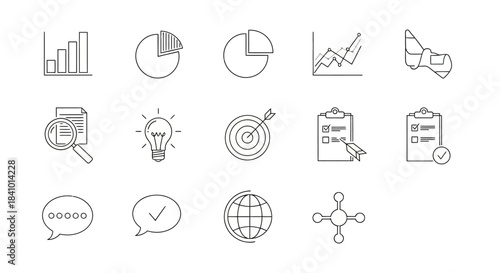 A collection of line art icons representing business, data analysis, strategy, communication, and global networking concepts.
