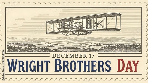 Wright Brothers Day Commemorative Stamp Featuring the Historic First Flight of the Wright Flyer on December 17.