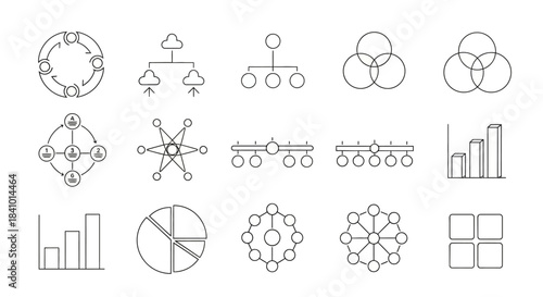 A collection of outline icons representing various data visualization charts, diagrams, and network structures for business, science, and information graphics.