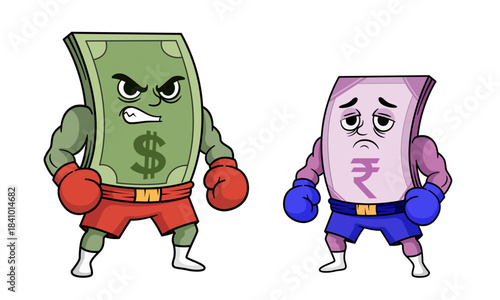 Aggressive US Dollar boxer facing worried Indian Rupee fighter cartoon vector illustration, economic rivalry, currency exchange rates, financial struggle, and depreciation 
