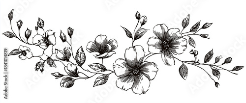 floral design with flower and leaf line art vector png transparent background