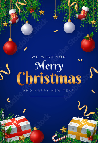 Festive Merry Christmas and happy news year background with pine branches,ornaments, candy canes, golden stars, and glowing lights on a rich red backdrop, creating a warm and joyful holiday atmosphere