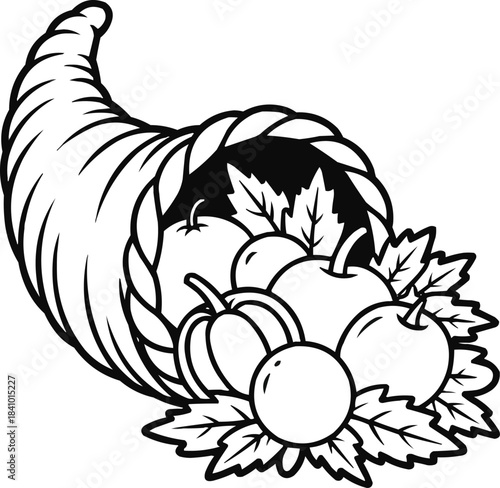 Cornucopia Harvest Coloring Page  Festive Horn of Plenty with Fruits and Vegetables