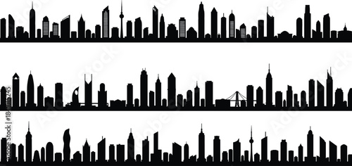Set of three black city skyline silhouettes, minimalist urban skyline vectors, generic world cityscapes, architectural skyline icons for design, branding, print, digital