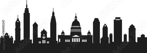 Silhouette city skyline featuring a domed capitol building, classical columns, varied historic and modern architecture, urban skyline vector illustration for design and planning