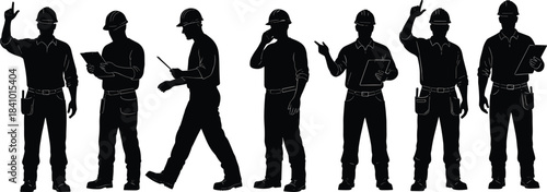 Silhouettes of construction workers in action, hard hats, teamwork, safety gear, job site, communication, engineering, labor, industry, poses