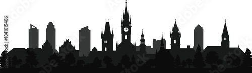Silhouette city skyline with historic clock tower, ornate spires and domes, modern high-rise buildings, leafy foreground, architectural contrast across eras