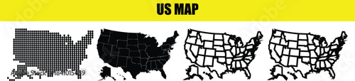 Four styles of united states map outlines including solid fill, patterned fill, and state boundaries, set against a with a yellow banner reading us map