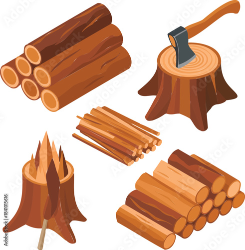 Firewood Preparation Isometric Icons  Stacked Logs, Kindling, and Chopping Tools