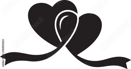 Two intertwined hearts with a flowing ribbon graphic symbol