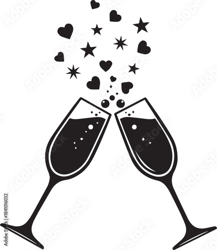Two champagne glasses clinking with hearts and stars bursting upwards