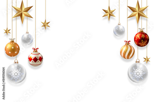 Elegant Christmas background with hanging golden stars and festive ornaments in white, gold, and red, creating a clean and luxurious holiday frame perfect for greeting cards and seasonal designs.
