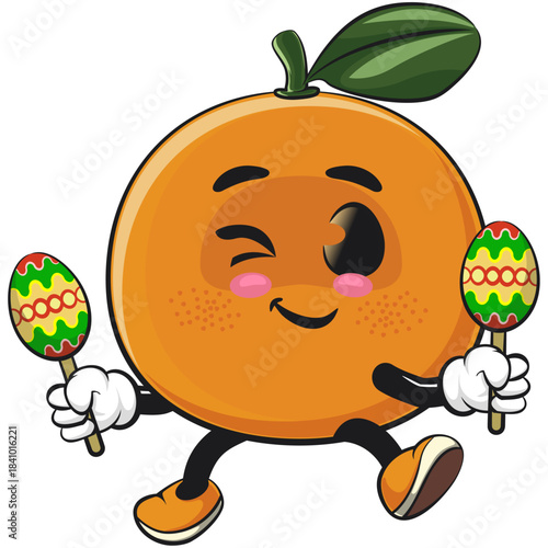 cute orange mascot character plays music with maracas, happy mandarin fruit cartoon vector illustration, work of hand drawn