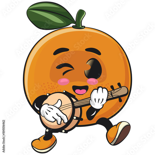 cute orange mascot character playing music with banjo, happy mandarin fruit cartoon vector illustration, work of hand drawn