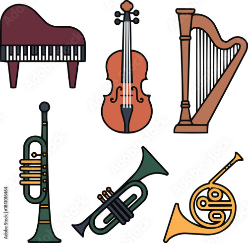 Opera Instrument Icon Set  Grand Piano, Violin, Cello, Harp, and Brass Instruments