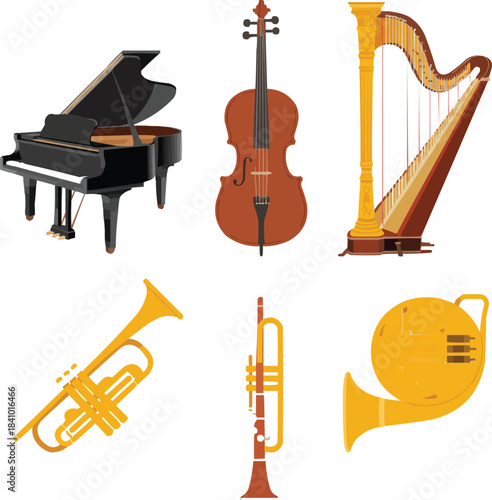 Opera Instrument Icon Set  Grand Piano, Violin, Cello, Harp, and Brass Instruments