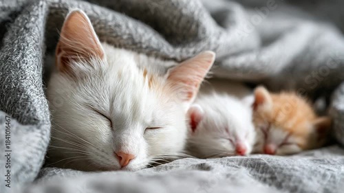 Two cats sleeping together on cozy blanket