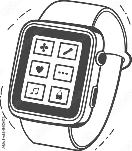 Outline drawing of a smartwatch with application icons on the screen