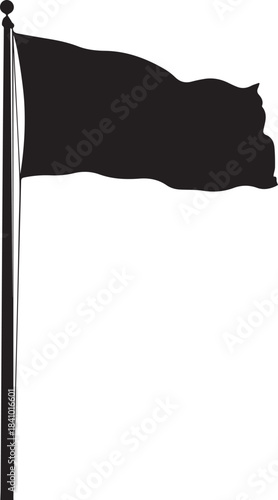 Black flag waving on a flagpole against a white background