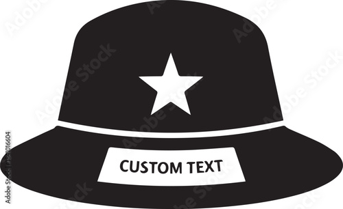 Black bucket hat with white star and custom text band