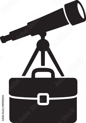 Bold silhouette telescope mounted on briefcase symbolizing strategic future vision design.