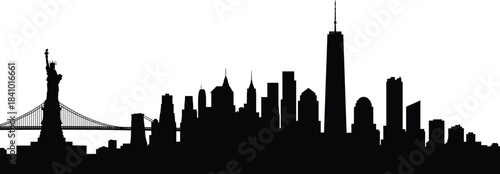 New York City skyline vector silhouette, Statue of Liberty and Brooklyn Bridge, One World Trade Center, iconic urban skyline, high-contrast illustration