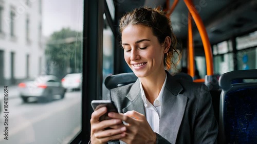 Woman smiling while using phone on bus