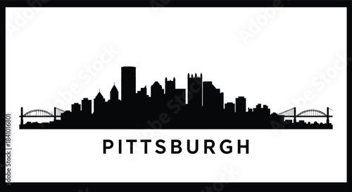 Pittsburgh skyline vector silhouette, bold black skyline illustration, bridges and landmarks, framed typography design, cityscape logo style, minimalist urban graphic