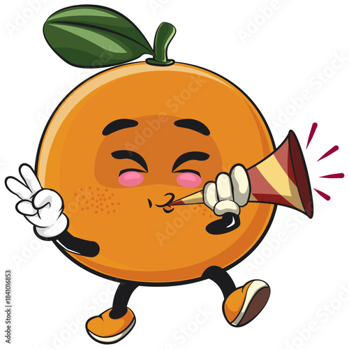 cute orange mascot character blow the party horn trumpet, happy mandarin fruit cartoon vector illustration, work of hand drawn
