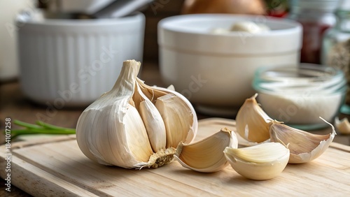Fresh garlic and spices still life with cloves and herbs