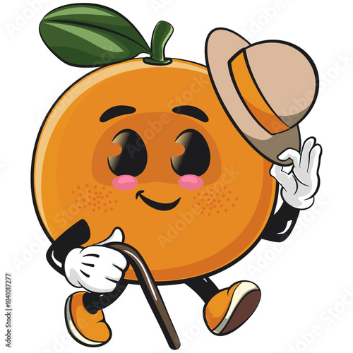 cute orange mascot character walk with a stick and saluting with raised hat, happy mandarin fruit cartoon vector illustration, work of hand drawn