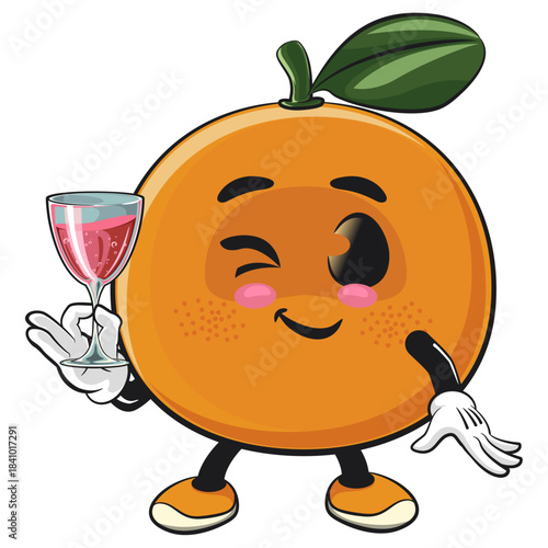 cute orange mascot character raising a wine glass, happy mandarin fruit cartoon vector illustration, work of hand drawn