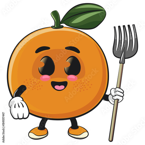 cute orange mascot character as farmer in hat with her fork, happy mandarin fruit cartoon vector illustration, work of hand drawn