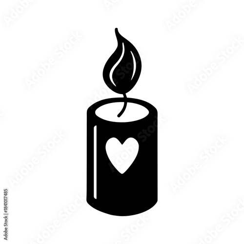 Cute Love Candle Icon with Heart Flame on White.