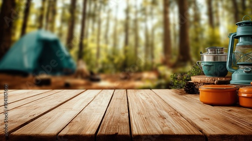 Panoramic banner with blurred natural forest background, tent and campers, foreground blurred brown wooden tabletop with camping gear, ideal for outdoor product display and mock-up projects.