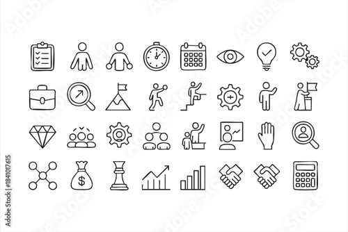 Business Management and Leadership Line Icons for Goal Tracking, Strategy Dashboards and Team Platforms