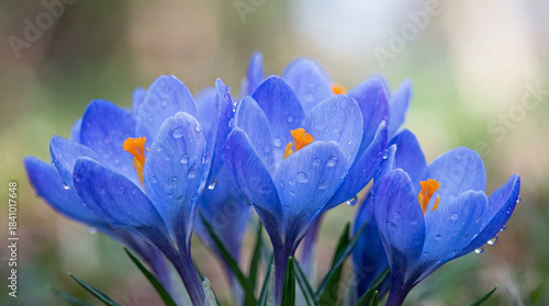Blue Crocus Spring Flowers Covered in Water Droplets