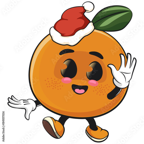 cute orange mascot character walking while wearing a santa hat, happy mandarin fruit cartoon vector illustration, work of hand drawn