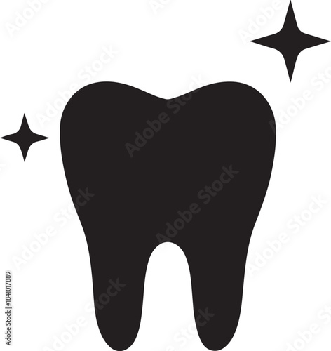Bold silhouette tooth symbol with sparkling cleanliness rays, perfect for dental hygiene icons.