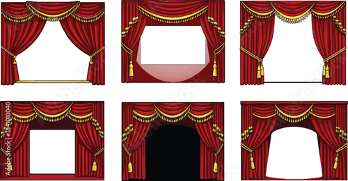 Red velvet theater curtain with gold ribbon on stage backdrop.victor