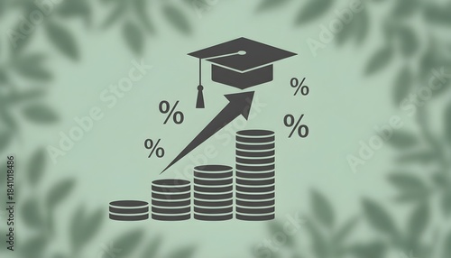 Rising Education Costs and Student Loan Debt, Graduation Cap, Coin Stacks and Percentage Increase, Investment in Education Concept