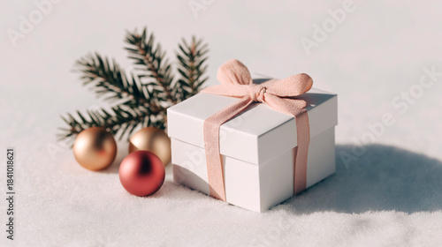 Close-up of elegant white gift box with pink ribbon on fresh snow accompanied by pine branch and baubles in bright sunlight. Concept of festive winter holiday celebration