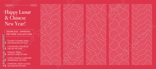 Lunar Chinese New Year Seamless Oriental Wave Line Geometric Pattern Background Set. Red Abstract Festive Vector Banner Cover Template Collection
