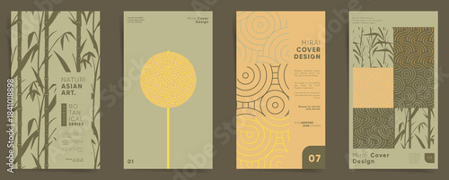 Asian Botanical Bamboo Poster Cover Design Set. Minimal Abstract Nature Background with Concentric Circle Tree and Tropical Green Vector Templates
