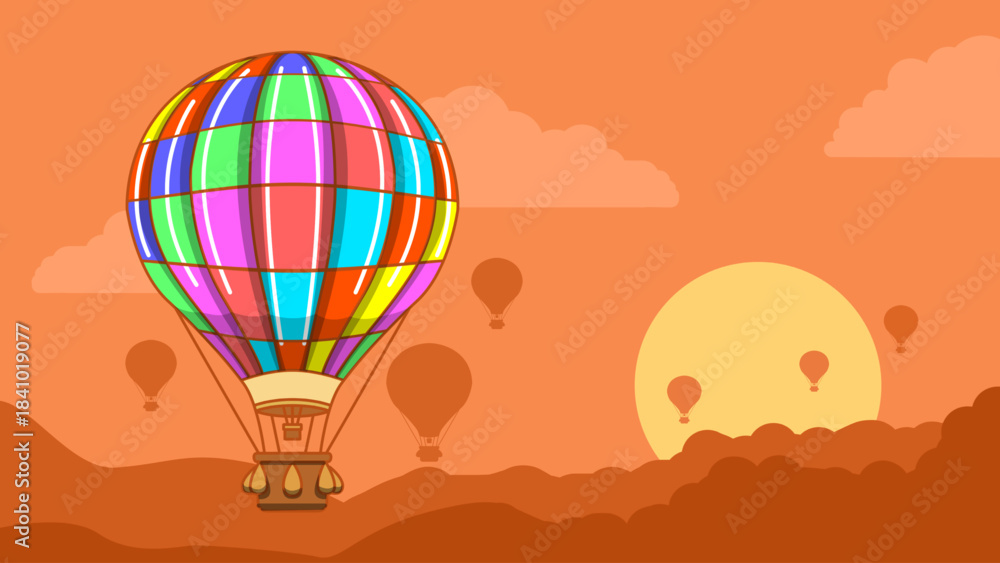 Fototapeta premium A hot air balloon flight at sunset to commemorate the first manned balloon flight. Balloon Ascension Day, January 9th