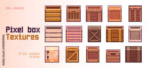 Pixel Art Wooden Crates Texture Set. Retro 8Bit Box Assets Collection for RPG Inventory, Platformer Props and Vintage Game Environment Design