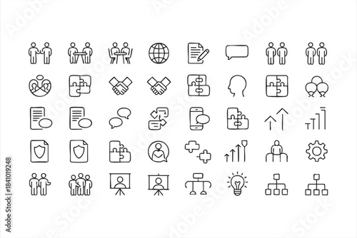 Collaboration and communication outline icons for business strategy project planning and growth