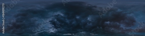Dark moody rain clouds in dramatic overcast sky. Seamless 360 HDR spherical panorama. Full zenith or sky dome in 3D environment, sky replacement for aerial drone panoramas. Climate and weather change.