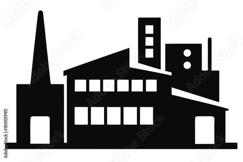 Factory building silhouette vector, factory icon black symbol
